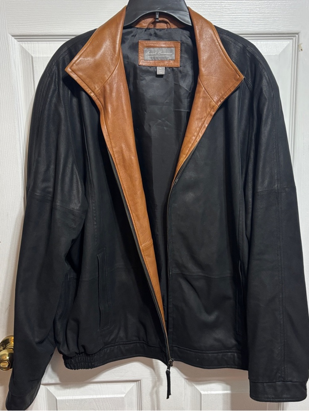 Daniel Cremieux Black Leather Bomber Jacket with Brown Collar